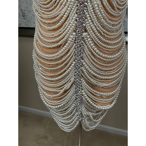 Retrofete Hollis Pearl Crystal Embellished Draped Sheer Mini Dress Size Small - Picture 6 of 11